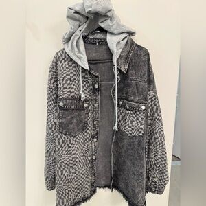Checkered Denim Jacket with Gray Hoodie